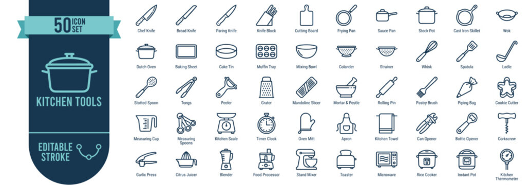 Huge Set Kitchen Tools 50 Line Icons - Cooking Utensils Appliances and Kitchenware Editable Stroke Vector