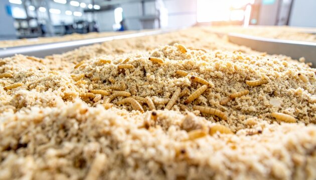 Close up view of edible mealworm larvae being processed into flour in a production facility showing granular texture and protein rich insect farming output for sustainable food solutions.