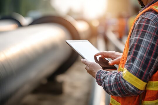 Utility worker monitoring gas pipeline with tablet