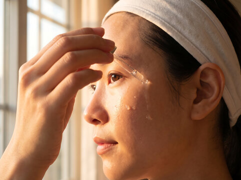 Person using dermaplaning blade near temple for skincare exfoliation, beauty photo.