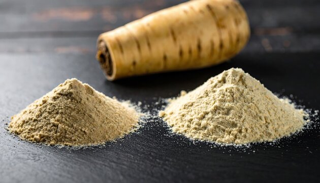 Fresh parsnip root and piles of natural parsnip flour arranged on a rustic dark slate surface representing alternative healthy cooking ingredients and wholesome plant based baking supplies.