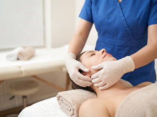 Obraz premium Professional in scrubs massaging head and neck of patient on treatment bed, clinical photo.