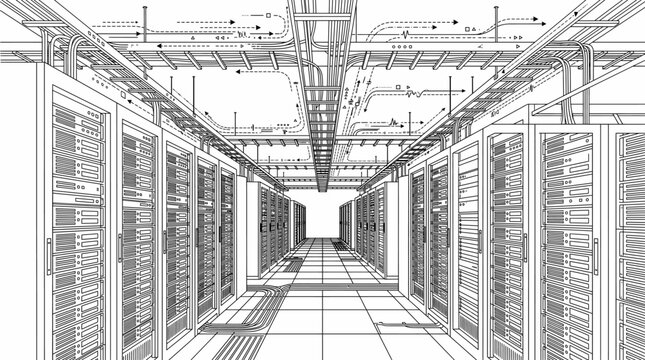 Modern data center with server racks and overhead cable trays. High-tech infrastructure, cloud computing, and big data storage concept in a clean vector style.