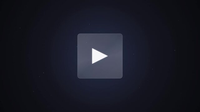 Motion graphic with a prominent play button overlay, suggesting video content or a cinematic experience on a dark background