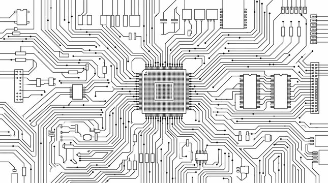 Intricate, futuristic circuit board diagram featuring detailed components, quantum interface, and deep learning accelerator paths. Concept of advanced AI.