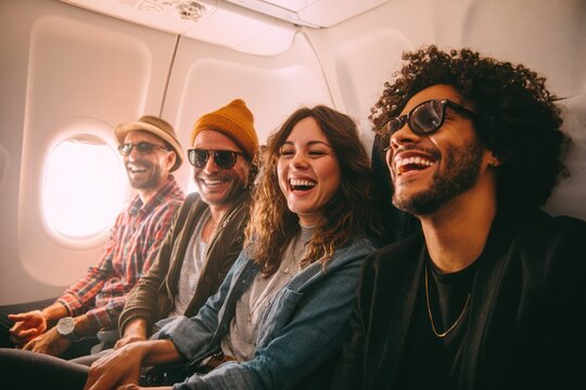 Happy travelers talking during a flight trip