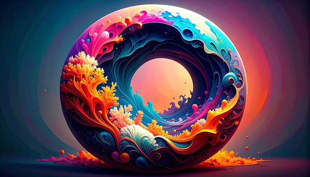 vibrant 3d coral reef circle emblem with glowing neon colors and abstract design