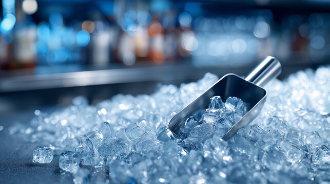 Metal scoop in pile of fresh ice cubes on bar counter. Refreshing beverage preparation at restaurant. Cold frosty drink ingredient for cocktail making and professional service.