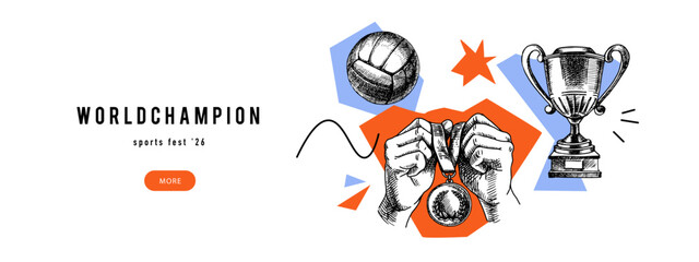 Obraz premium Background collage with sport trophy, medal and game balls, hand drawn collage design in vintage sketch style. International Sports Day poster. Vector isolated illustration