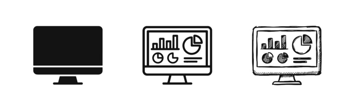 Data analysis and business dashboard icons showing computer monitor with various financial charts and graphs.