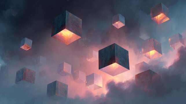 surreal floating cubes, glowing cubes, hand drawn fantasy, surreal art,