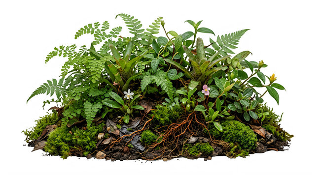 Lush green terrarium with ferns, bromeliads, moss, and exposed roots isolated on a transparent background