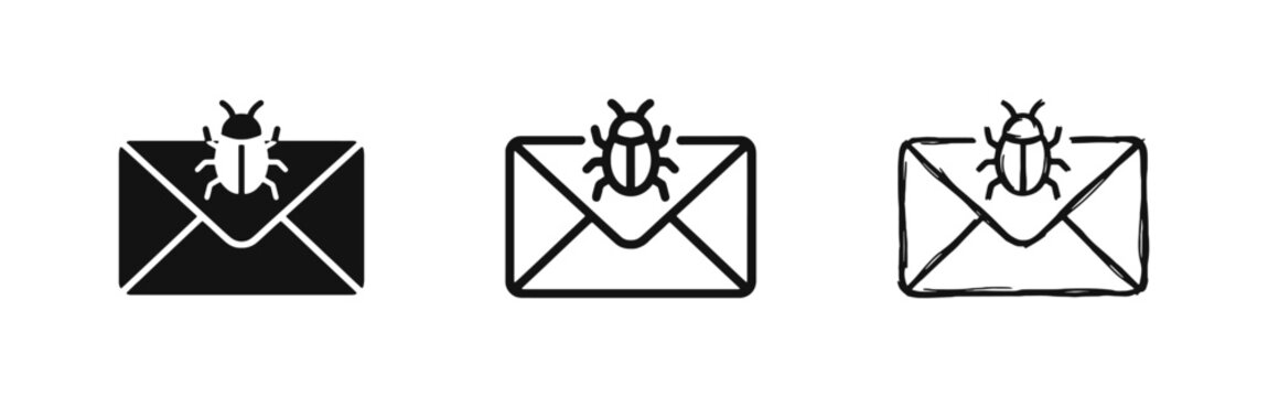 Email security and virus icons featuring an envelope with a computer bug symbol for cyber threats.