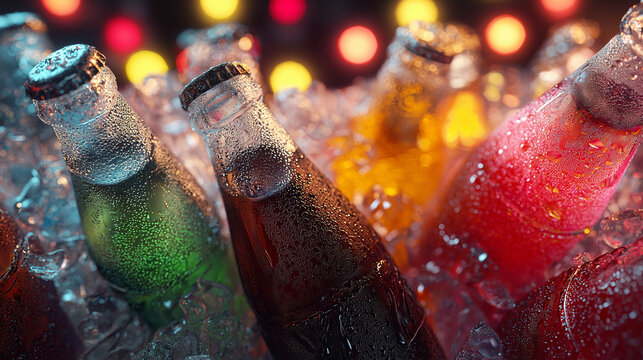 Assorted colorful soda bottles chilling in ice bucket. Cold soft drinks in glass containers covered with condensation drops. Refreshing beverages for summer party and celebration concept.