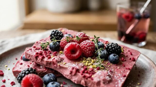 pink chocolate with berries. textures, appetizing food and beverage presentation with premium styling and strong menu appeal, commercial stock value, balanced composition, realistic lighting, crisp