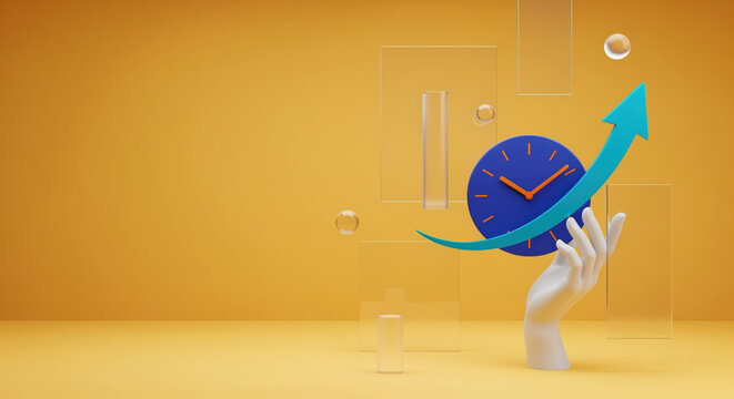 Time pressure becomes a positive message here, with an upward clock symbol showing faster task completion, deadline control and productivity gains for workflow tracking and team efficiency content