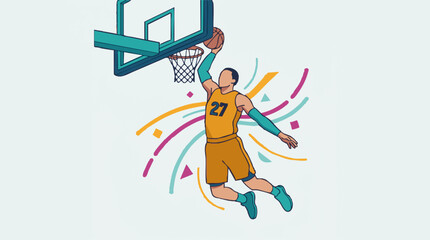Basketball player performing a slam dunk with colorful abstract background © ObStock