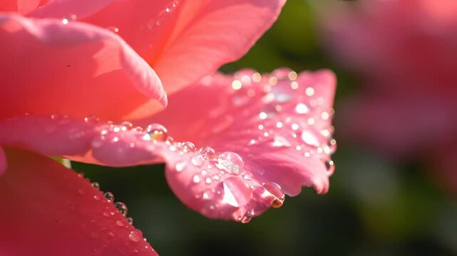 Close up of pink rose petals with water droplets glistening.