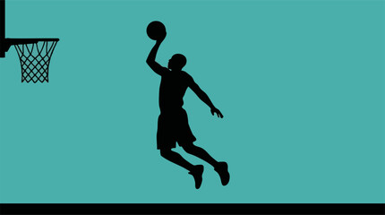 Dynamic silhouette of basketball player jumping to score a hoop © ObStock