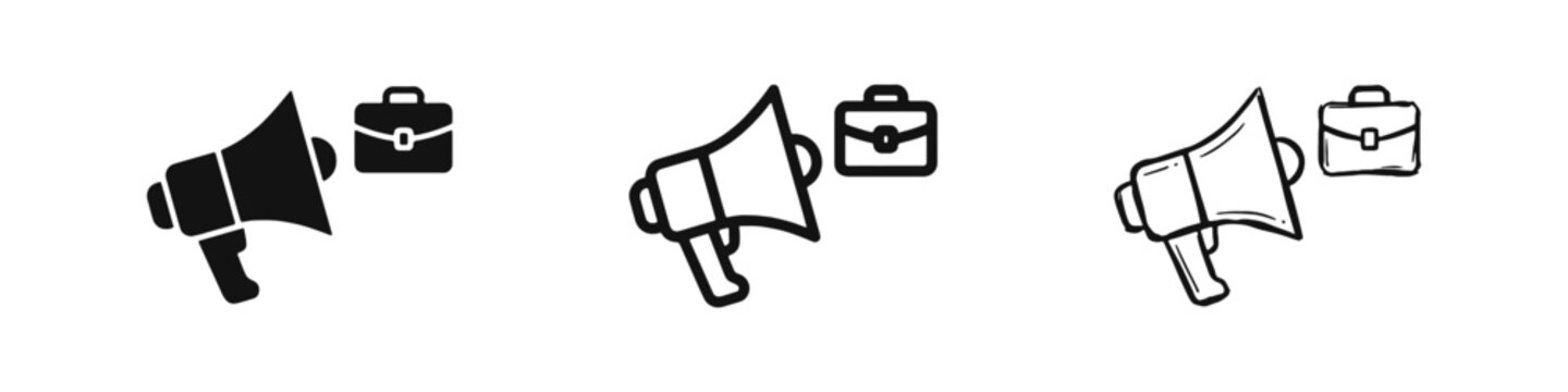 Job recruitment and hiring icons showing a megaphone broadcasting a briefcase symbol.