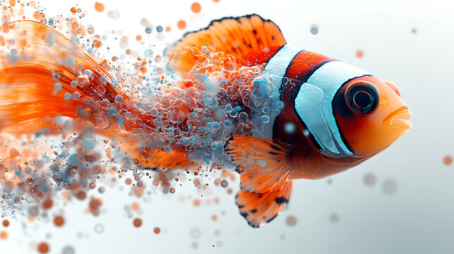 Detailed illustration of the genetic sequencing process involved in Clownfish de-extinction, presented as a visually engaging and scientifically accurate image against a white background 