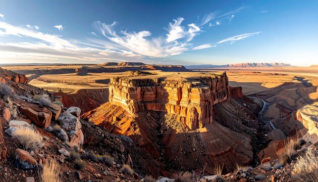 Arid rocky plateau with layered sedimentary cliffs and wide open sky, natural earth tones, strong sunlight, dramatic shadows, ultra-realistic textures, panoramic composition, high-resolution landscape