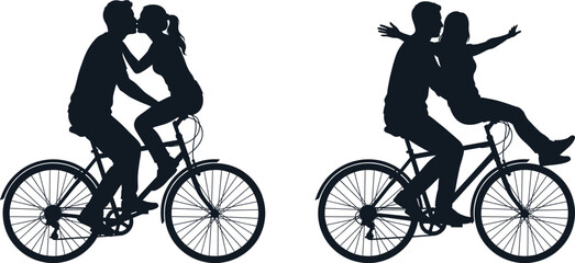 Obraz premium Silhouette of a romantic young couple riding a bicycle together, kissing and cheering with arms outstretched, isolated on a white background for design