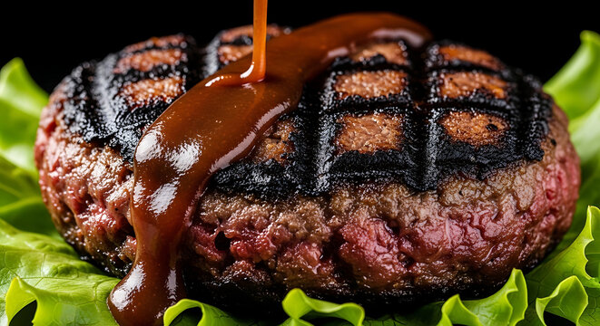 Closeup of a juicy grilled burger patty with perfect grill marks on lettuce featuring a thick BBQ sauce drizzle being poured on top against a black background