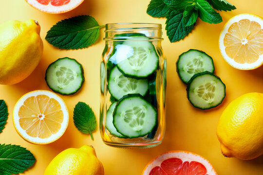 Top view of cucumber infused water in glass jar surrounded by lemon citrus and mint, presenting detox hydration concept. Useful for wellness marketing, healthy drink branding, vertical