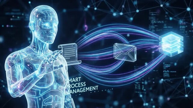 An AI agent automating workflow across connected document, email, and data icons on a futuristic network, smart process management with sleek luminous depth, ultra-realistic, no logos.