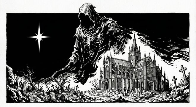 Dark ink tattoo style illustration of a hooded reaper looming over a gothic cathedral