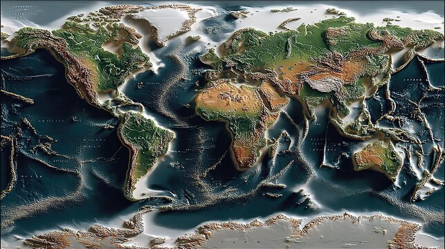 3D Textured Relief World Map, Detailed Topographic Globe Featuring Continental Landmasses, Ocean Floor Terrain and Polar Ice Caps, Ideal for Education, Wall Decor and Geographic Projects