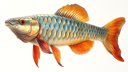 Fototapeta premium Detailed illustration of the genetic sequencing process involved in Asian Arowana de-extinction, presented as a visually engaging and scientifically accurate image against a white background 
