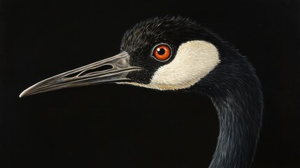 Fototapeta premium Detailed portrait of a crane in profile against black background. Possible use Nature photography, wildlife art, educational materials