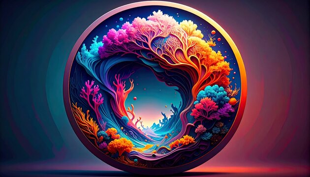 vibrant 3d coral reef circular emblem with glowing neon colors and ocean life