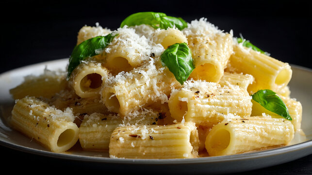 Classic rigatoni pasta dish with fresh basil and grated parmesan cheese, side dish