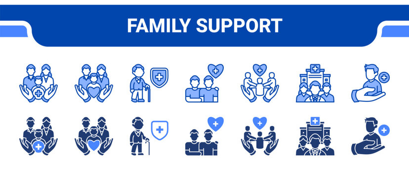 Family Support Icon Collection,  featuring Family Care, Child Care, Elderly Care, Health Support, Community Care, Care Team, Healthcare Assist.
