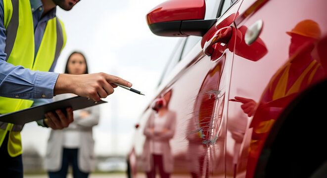 Professional Insurance Adjuster in Safety Vest Inspecting Deep Scratches on a Red Car Door Holding Clipboard and Pen for Accident Claim Assessment and Damage Report