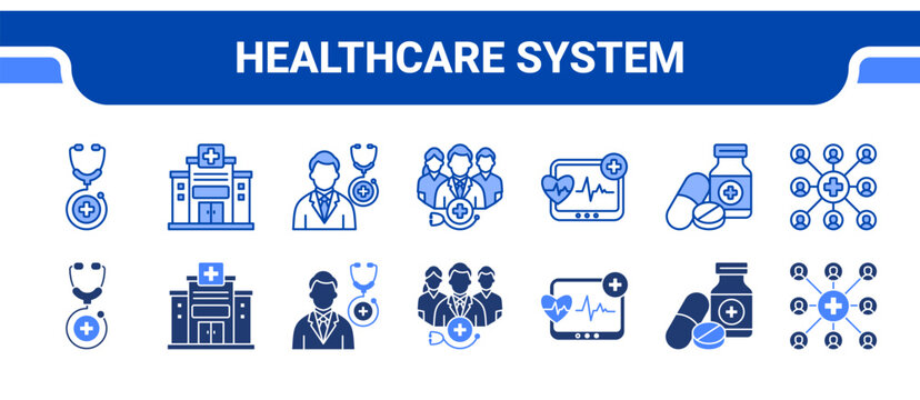 Healthcare System Icon Collection,  featuring Healthcare, Hospital, Doctor, Medical Team, Monitoring, Medicine, Health Network.