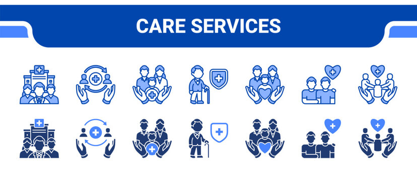 Care Services Icon Collection,  featuring Care Team, Care Circle, Family Care, Elderly Care, Child Care, Health Support, Community Care.
