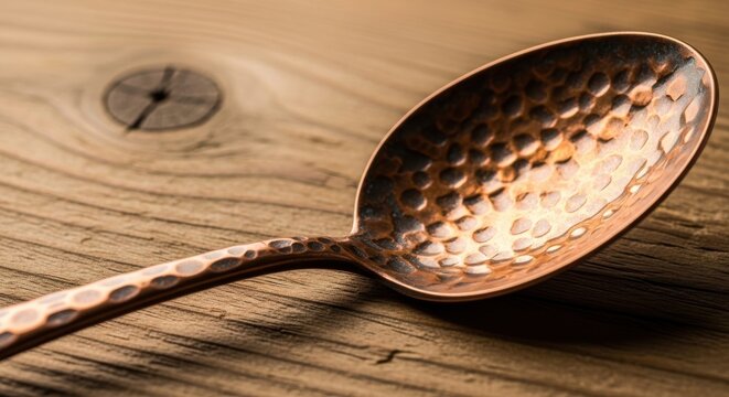 Hammered copper tablespoon with rich aged patina resting on a rustic wooden surface