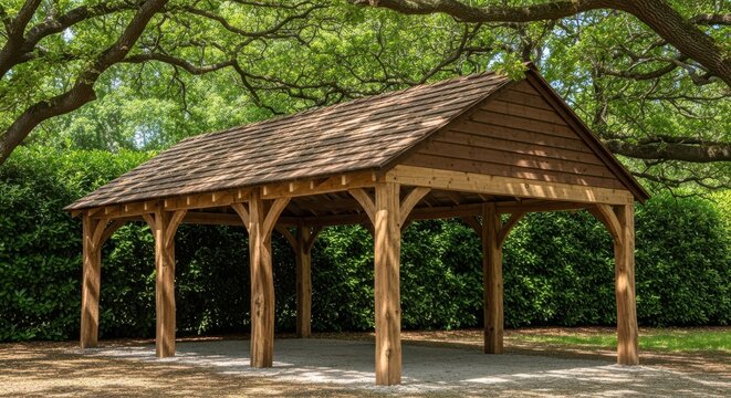 Freestanding Timber Carport with a Pitched Shingle Roof Providing Outdoor Vehicle Shelter