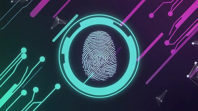 Digital fingerprint scanner animation displaying biometric security verification process with glowing circuit lines and data nodes connecting in this high tech futuristic motion graphics stock video