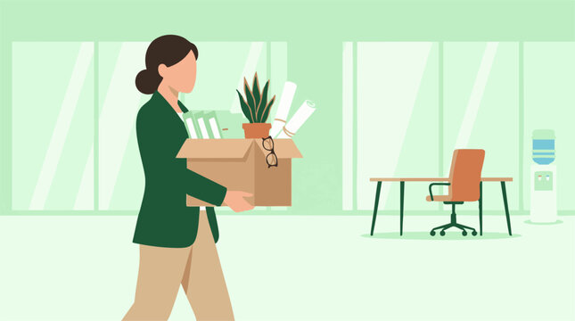 Woman leaving office with personal items in cardboard box, job change concept