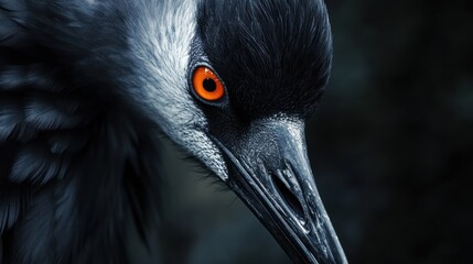 Fototapeta premium Close-up Portrait of a Crane in Dark Background. Possible Use Nature Photography
