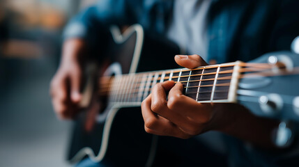 Obraz premium Close-up of hands holding an acoustic guitar with fingers on strings, music hobby concept, guitarist lifestyle, home music practice, defocused background, with copy space