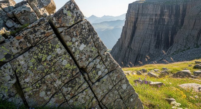Rugged granite outcrop forming a sharp corner against a vast mountainous landscape under bright sunlight