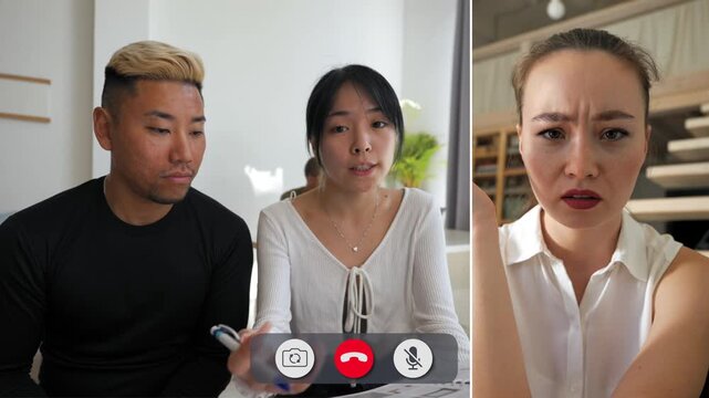 Two students talk through an online call. They show different feelings as they discuss their thoughts. The call takes place in a simple room on a sunny day.