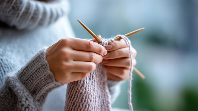Close-up of hands holding knitting needles with a half-finished project in soft warm light, knitting hobby concept, textile craft, mindful handwork, defocused background, with