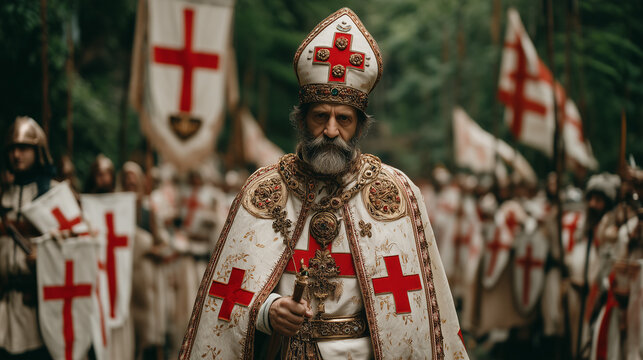 The Grunwald Battle Reenactment Festival features a priest leading crusaders with crosses and flags in a forest
